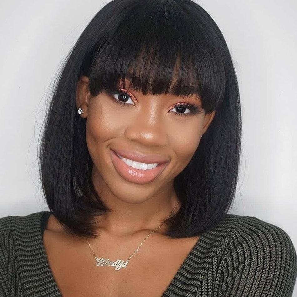 Straight Bob Human Hair Wigs With Bangs Short Brazilian Human Hair Bob Wigs For Woman No Lace Full Machine Made Human Hair Wigs For Black Women Gifts for Girlfriends