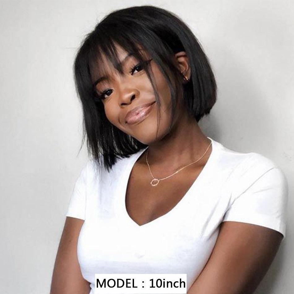 Straight Bob Human Hair Wigs With Bangs Short Brazilian Human Hair Bob Wigs For Woman No Lace Full Machine Made Human Hair Wigs For Black Women Gifts for Girlfriends