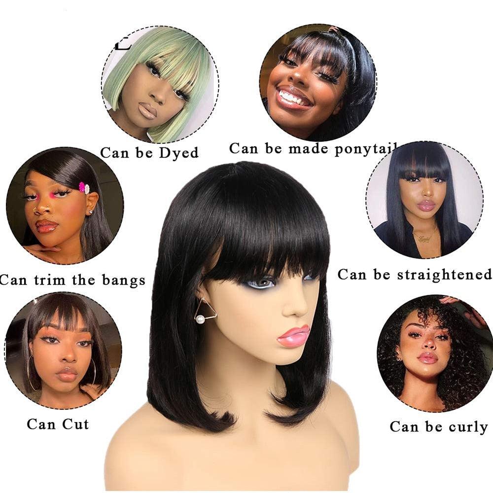 Straight Bob Wig Human Hair Wig With Bangs Short Bob Human Hair Wigs For Women Brazilian Straight Fringe Human Hair Wigs For Black Women Gifts for Girlfriends