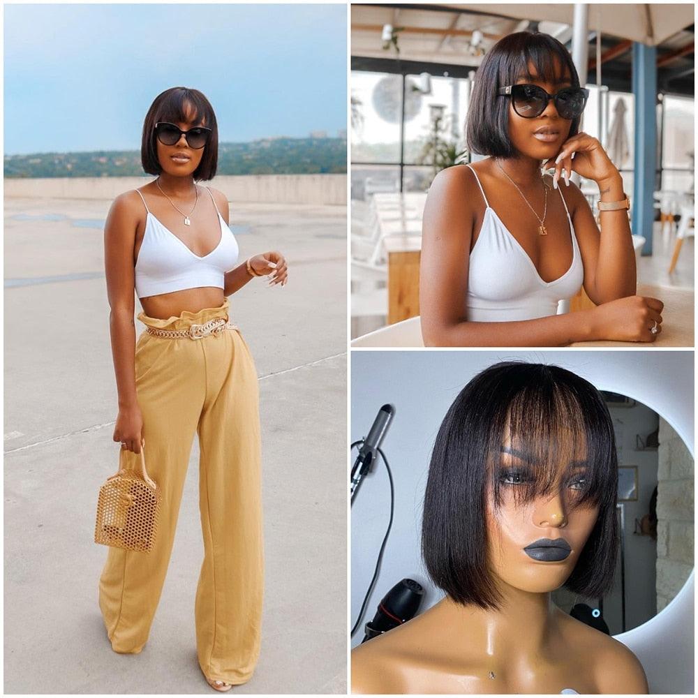 Straight Bob Wig Human Hair Wig With Bangs Short Bob Human Hair Wigs For Women Brazilian Straight Fringe Human Hair Wigs For Black Women Gifts for Girlfriends