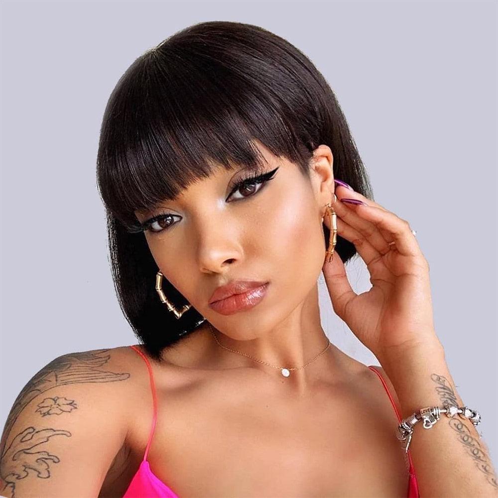 Straight Bob Wig Human Hair Wig With Bangs Short Bob Human Hair Wigs For Women Brazilian Straight Fringe Human Hair Wigs For Black Women Gifts for Girlfriends