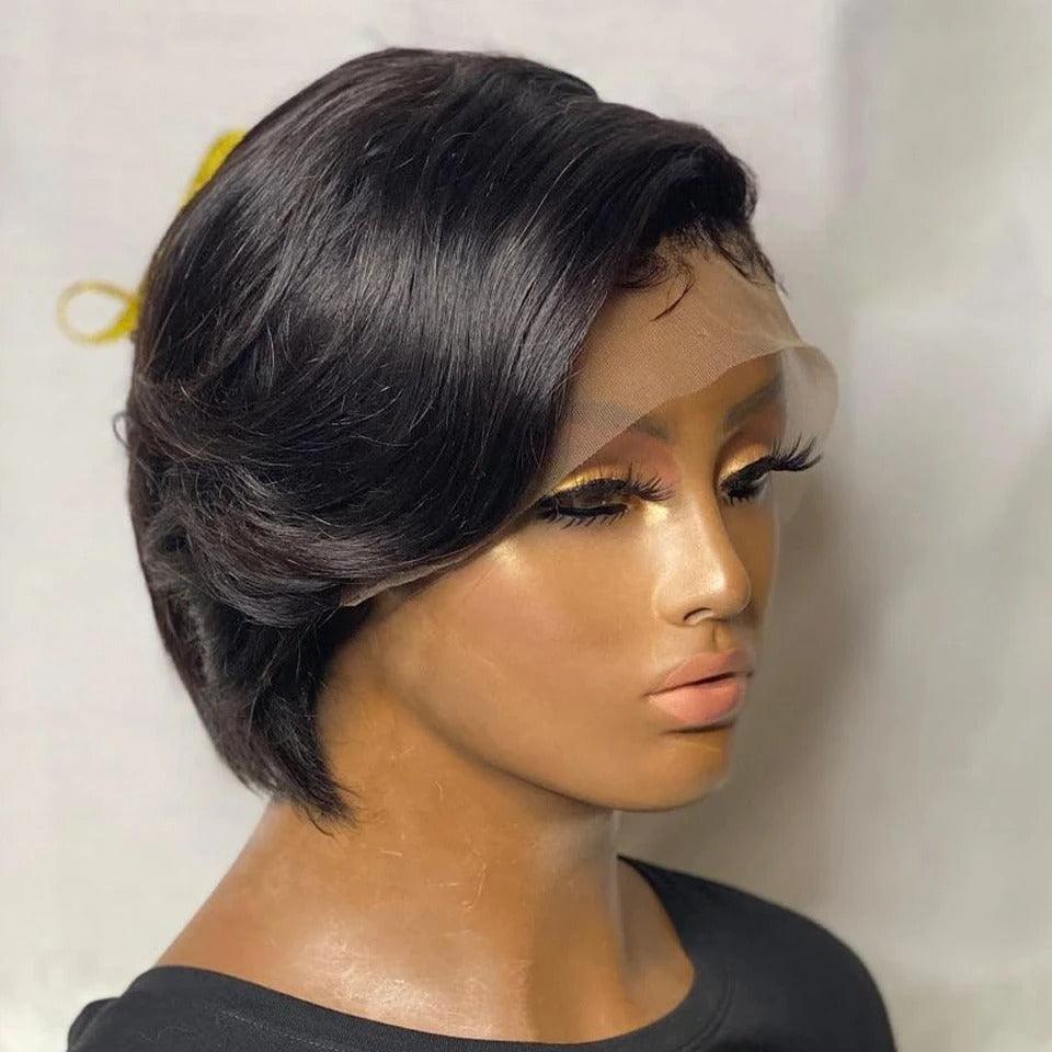 Straight Pixie Cut Wig Side Part Lace Front Human Hair Wigs Pre-plucked for Black Women Brazilian Bob Wig Transparent Lace Wigs Human Hair Wigs For Black Women Gifts for Girlfriends