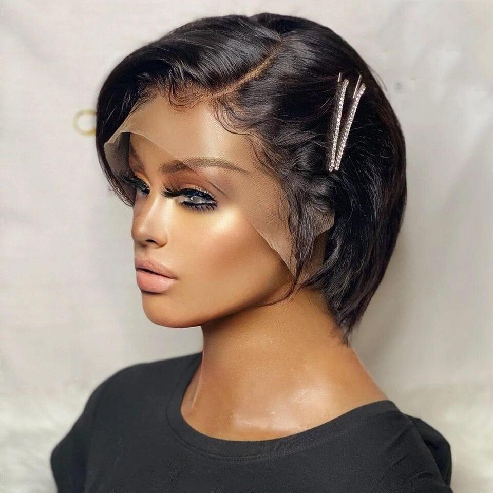 Straight Pixie Cut Wig Side Part Lace Front Human Hair Wigs Pre-plucked for Black Women Brazilian Bob Wig Transparent Lace Wigs Human Hair Wigs For Black Women Gifts for Girlfriends