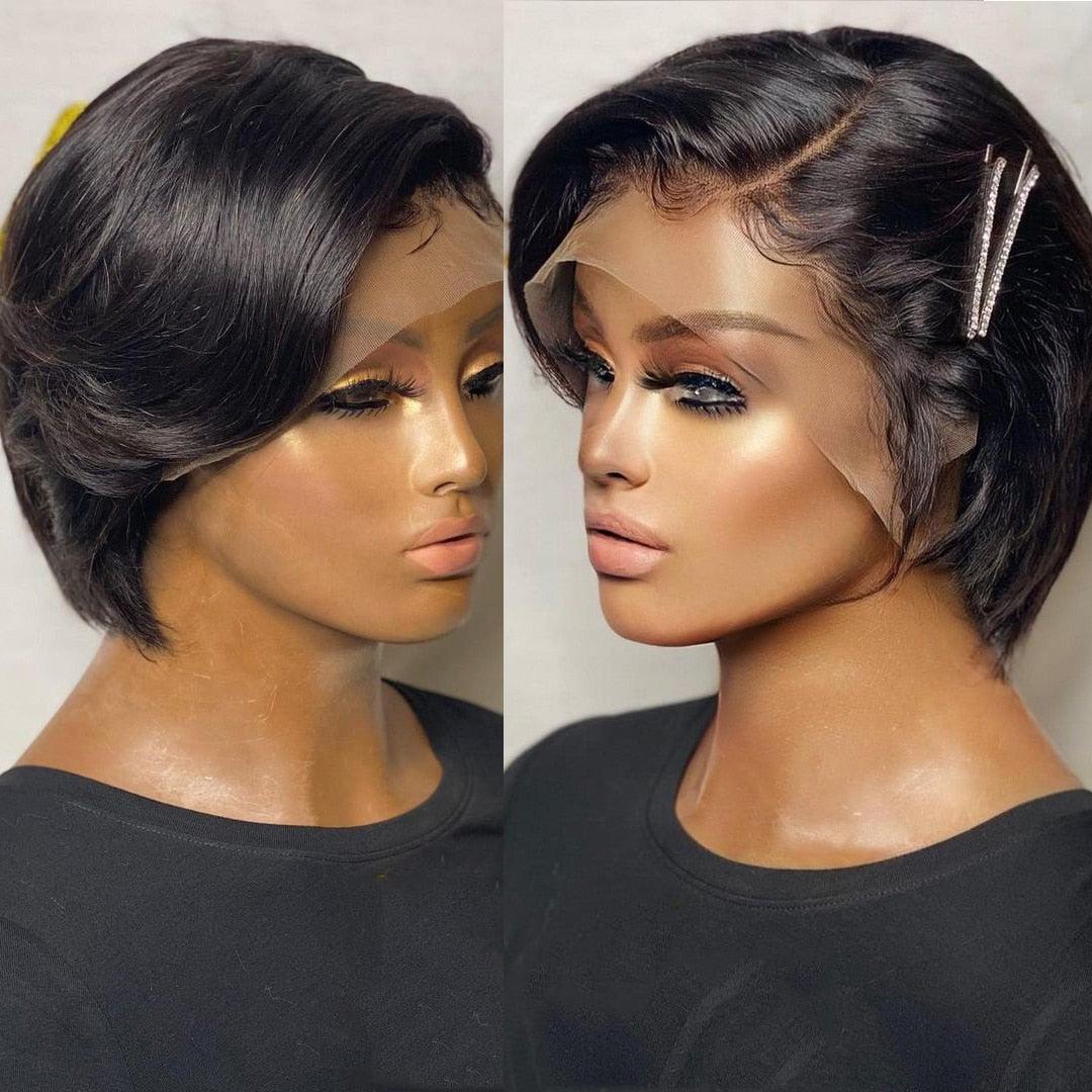 Straight Pixie Cut Wig Side Part Lace Front Human Hair Wigs Pre-plucked for Black Women Brazilian Bob Wig Transparent Lace Wigs Human Hair Wigs For Black Women Gifts for Girlfriends