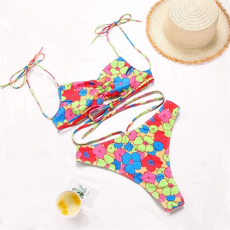 String Bikini Swimsuit Floral Print Swimwear Women Bathing Suit High Waist Bikini Set Beachwear Women's Floral Printed Swimsuit Knotted String Triangle Bikini Tie Side High Cut Cheeky Bikini Set