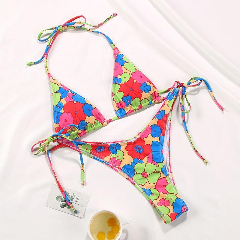 String Bikini Swimsuit Floral Print Swimwear Women Bathing Suit High Waist Bikini Set Beachwear Women's Floral Printed Swimsuit Knotted String Triangle Bikini Tie Side High Cut Cheeky Bikini Set