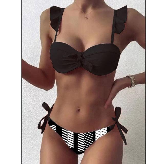 Striped Lace Ruffle Push Up Women Swimsuit Female Swimwear Bra Cup Bikini Set High Cut Bathing Suit Women Two Piece Swimsuits Push Up Bikini Sets Bathing Suits Ruffle Bikini Tops With Bottoms For Teen Girls