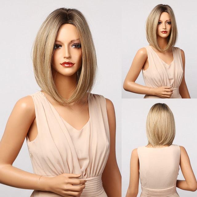 Stylish Light White Blonde Ombre Short Bob Wigs for Women Synthetic Straight Hair Wig Natural Cosplay Party Middle Part Wigs Wigs For Black Women Gifts for Bestfriends