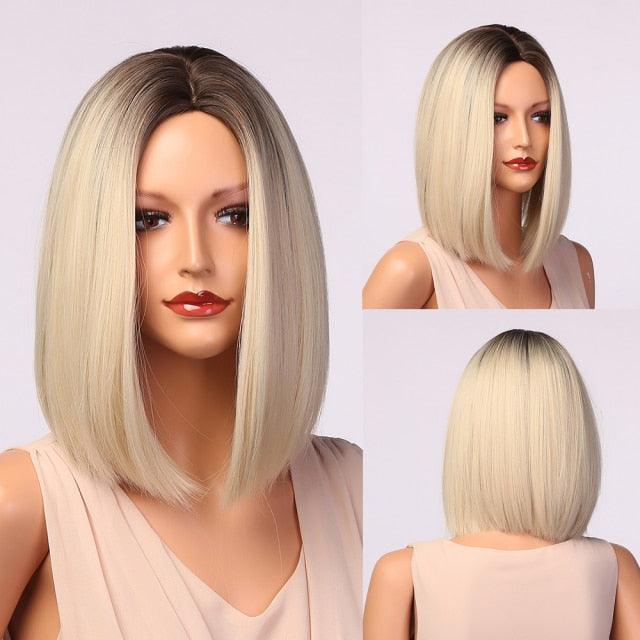 Stylish Light White Blonde Ombre Short Bob Wigs for Women Synthetic Straight Hair Wig Natural Cosplay Party Middle Part Wigs Wigs For Black Women Gifts for Bestfriends