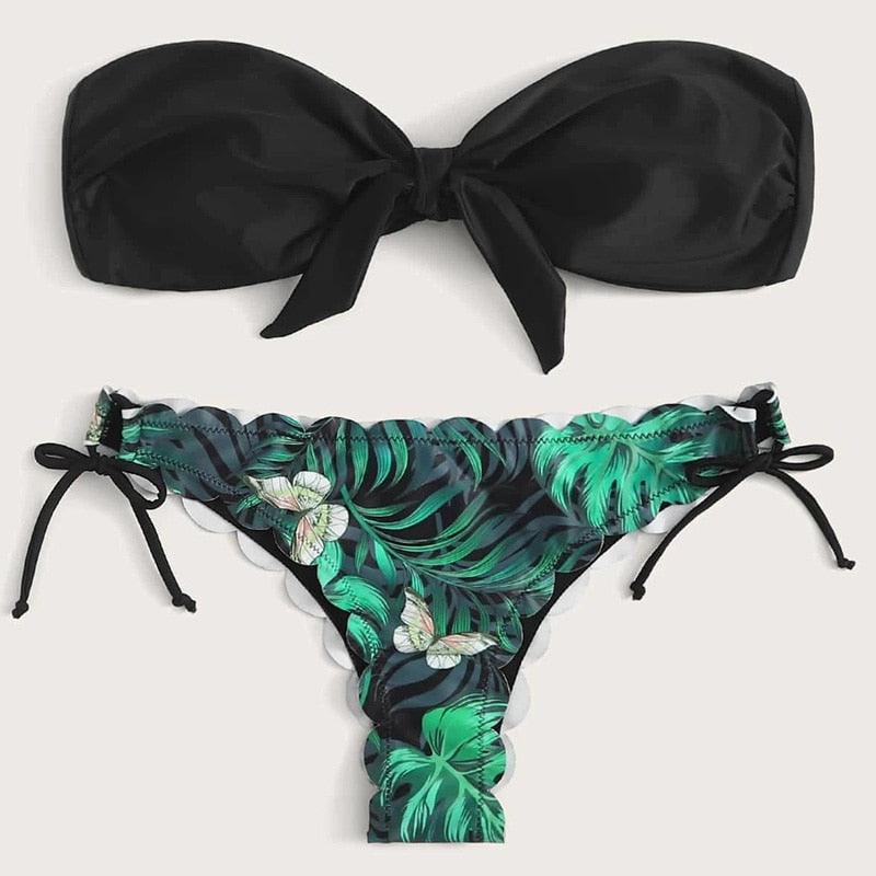 Summer Blue Bikini Women Swimwear Female Swimsuit  Women’s Floral Print Lace-up Strapless Padded Comfortable Swimwear Bathing Suit Two-pieces Bikini Set Knotted Bathing Swim Suit