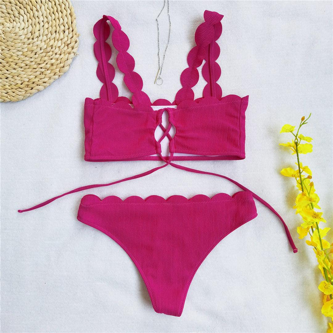 Summer Blue Bikini Women Swimwear Female Swimsuit  Women’s Floral Print Lace-up Strapless Padded Comfortable Swimwear Bathing Suit Two-pieces Bikini Set Knotted Bathing Swim Suit