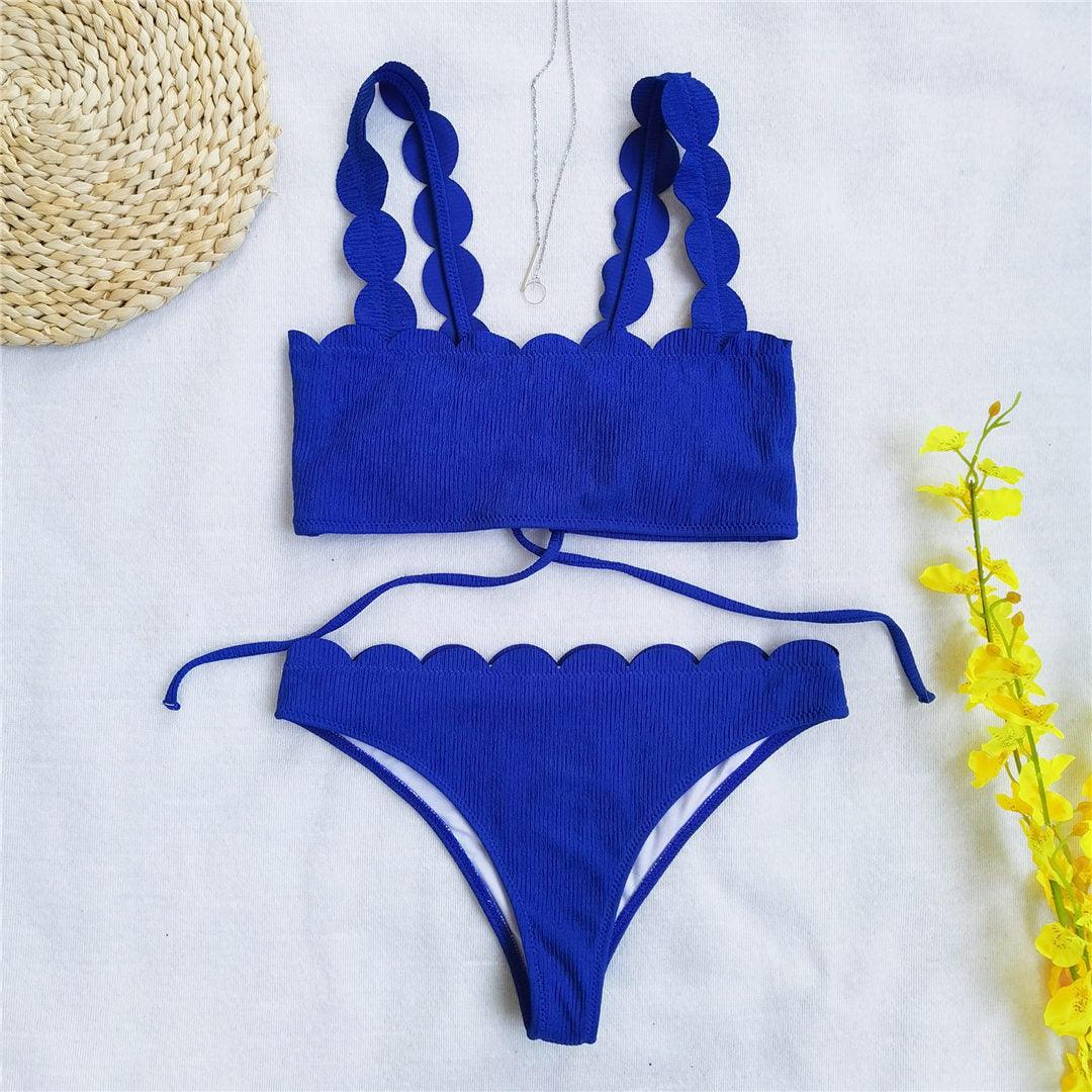 Summer Blue Bikini Women Swimwear Female Swimsuit  Women’s Floral Print Lace-up Strapless Padded Comfortable Swimwear Bathing Suit Two-pieces Bikini Set Knotted Bathing Swim Suit