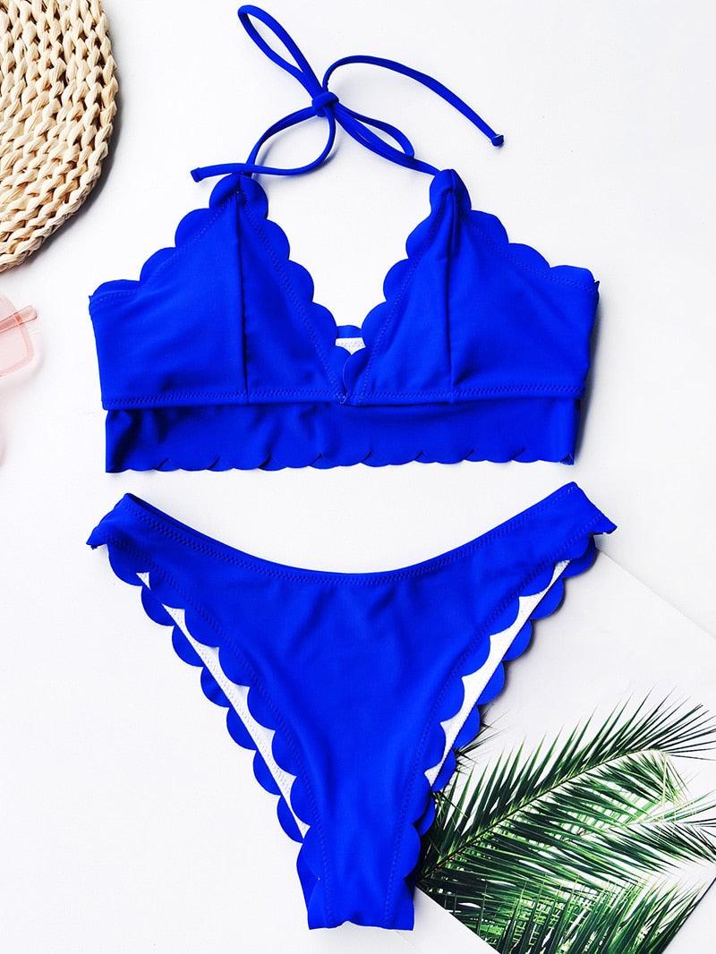 Summer Blue Bikini Women Swimwear Female Swimsuit  Women’s Floral Print Lace-up Strapless Padded Comfortable Swimwear Bathing Suit Two-pieces Bikini Set Knotted Bathing Swim Suit