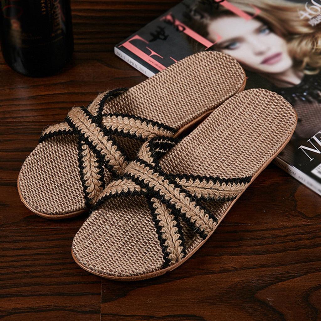 Summer Cross Strap Ladies Flip Flops Women's Summer Footwear Casual Linen Flat Beach Slippers Breathable Linen Men's Sandals Casual Flat Shoes Indoor Slides Unisex Home Slipper