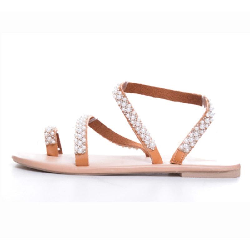 Summer Flat Sandals Sweet Pearl Decoration Sandals Leather Flats Women Beach Holiday Shoes Rhinestones Flat Strap Sandals Comfort Open Toe Flat Luxury Women Sandals