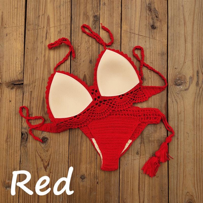 Summer Hand Crochet Women Swimwear Crop Top Push Up Bikini Set Beach Swimsuit Suit Tassel Swim Beach Beachwear Bikini Bra Bikini Swimsuit Women Beach Crochet Crop Summer Halter Bikini