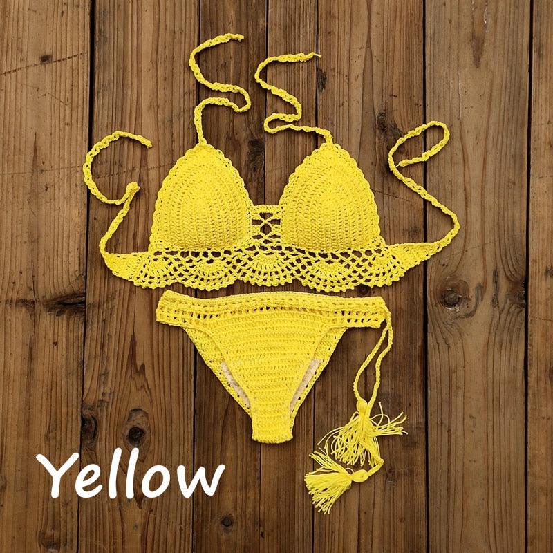 Summer Hand Crochet Women Swimwear Crop Top Push Up Bikini Set Beach Swimsuit Suit Tassel Swim Beach Beachwear Bikini Bra Bikini Swimsuit Women Beach Crochet Crop Summer Halter Bikini