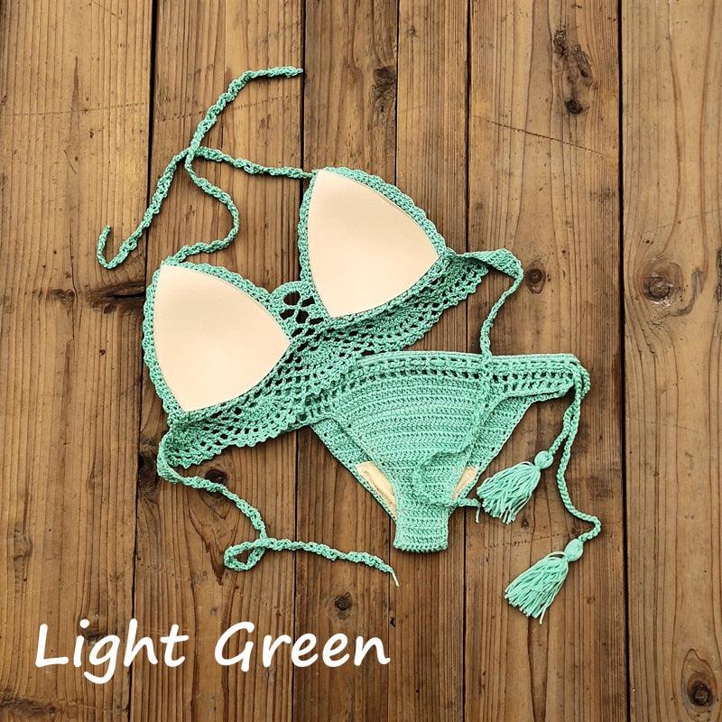 Summer Hand Crochet Women Swimwear Crop Top Push Up Bikini Set Beach Swimsuit Suit Tassel Swim Beach Beachwear Bikini Bra Bikini Swimsuit Women Beach Crochet Crop Summer Halter Bikini