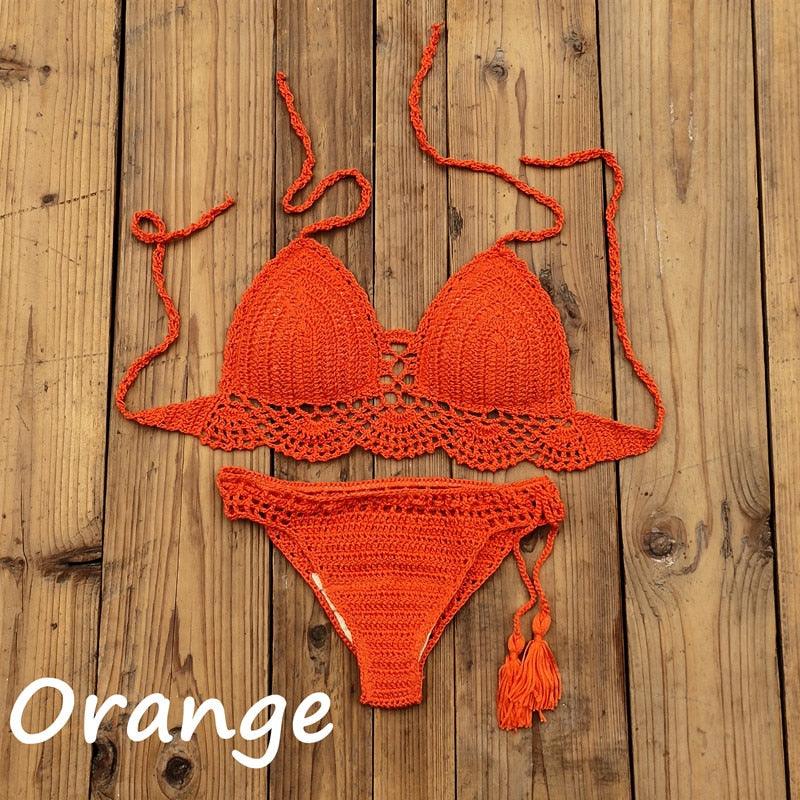 Summer Hand Crochet Women Swimwear Crop Top Push Up Bikini Set Beach Swimsuit Suit Tassel Swim Beach Beachwear Bikini Bra Bikini Swimsuit Women Beach Crochet Crop Summer Halter Bikini