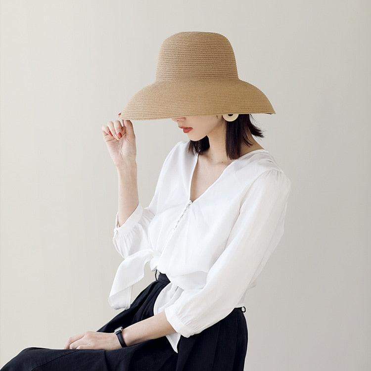 Summer Hat New Female Sun Hat Folding Beach Hat New Women's Ladies Wide Large Brim Floppy Folding Summer Beach Sun Hat Straw Cap Big Brim Elegant White Travel Sun Hat 55-58CM