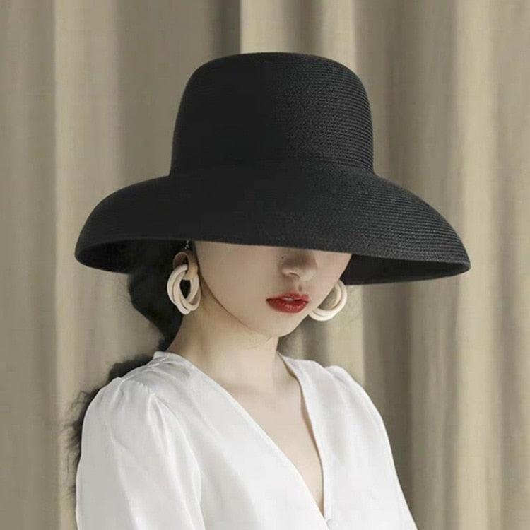 Summer Hat New Female Sun Hat Folding Beach Hat New Women's Ladies Wide Large Brim Floppy Folding Summer Beach Sun Hat Straw Cap Big Brim Elegant White Travel Sun Hat 55-58CM