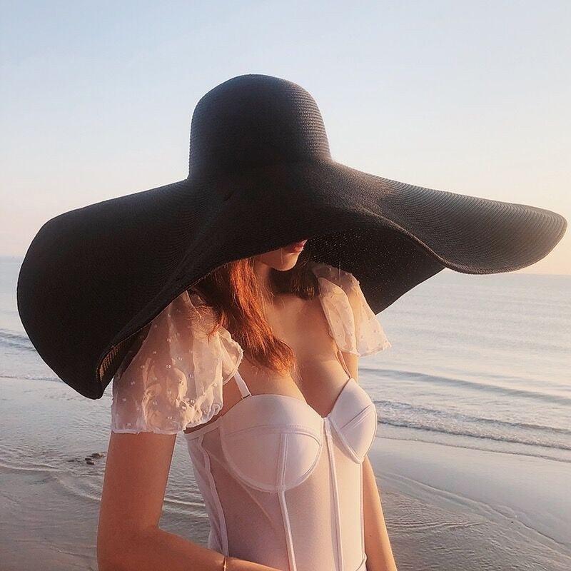 Summer Large Wide Brim Foldable Sun Hats For Women Foldable Sun Hat Wide Brim Summer Straw Floppy Beach Hat Oversized Sun Hat Modern Travel Straw Hat Fashionable Lady UV Protection Beach Hat 54-57cm