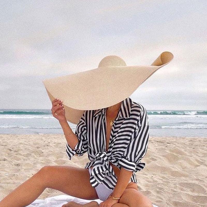 Summer Large Wide Brim Foldable Sun Hats For Women Foldable Sun Hat Wide Brim Summer Straw Floppy Beach Hat Oversized Sun Hat Modern Travel Straw Hat Fashionable Lady UV Protection Beach Hat 54-57cm