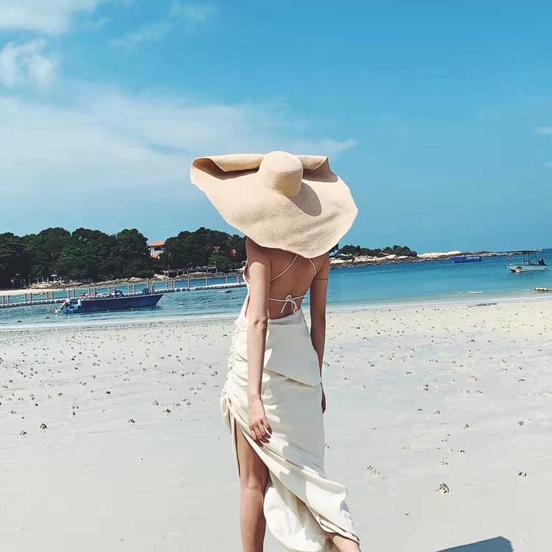 Summer Large Wide Brim Foldable Sun Hats For Women Foldable Sun Hat Wide Brim Summer Straw Floppy Beach Hat Oversized Sun Hat Modern Travel Straw Hat Fashionable Lady UV Protection Beach Hat 54-57cm