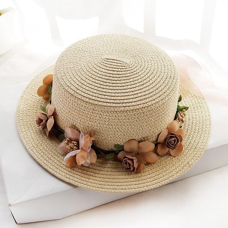 Summer New Sun Hat Stylish Bowknot Straw Hat For Women Beach Caps Parent-child Summer New Women's Sun Hat Bucket Cap Beige Flowers Ribbon Party Straw Hat For Women