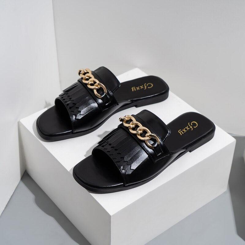 Summer New Women Slippers Open-Toe Flat Slippers Fashion Buckle Beach Slides Casual Flip Flops Women Shoes Slip On Comfortable Pointed Toe Loafers Women Luxury Black Sandals