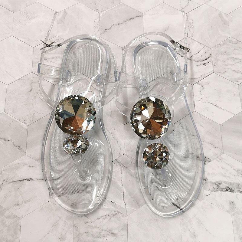 Summer Sandal Women Diamond Jelly Shoes Sandals Fashion Transparent Shoes Flat Beach Sandal Women's T-Strap Jelly Sandal Pointed Toe Clear Summer Beach Flat Sandals