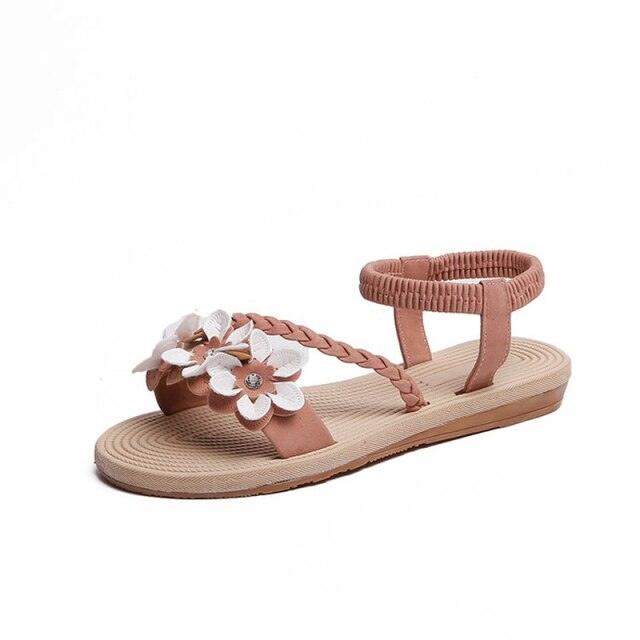 Summer Shoes Woman Sandals Elastic Ankle Strap Flat Sandals Flowers Beach Ankle Strap Sandals Slip On Flat Sandal Elastic Comfort Summer Shoes Comfortable Quick-Drying Casual Sandal