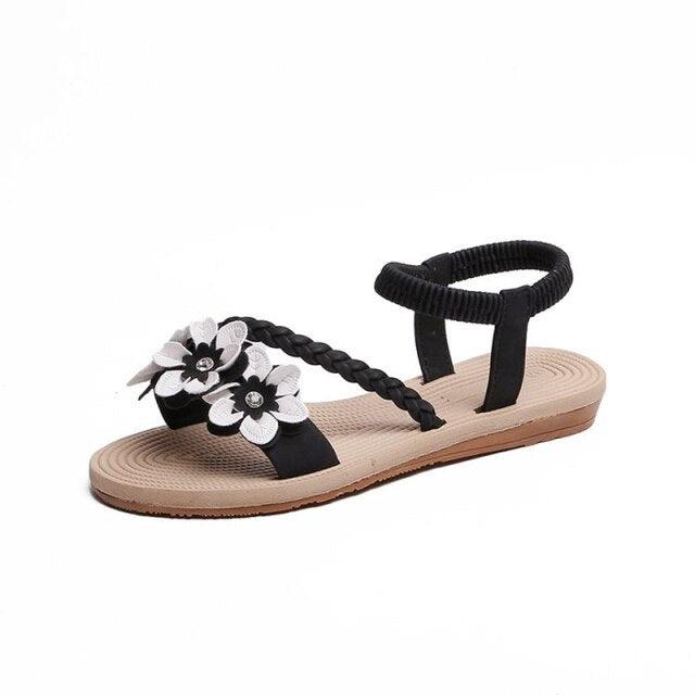 Summer Shoes Woman Sandals Elastic Ankle Strap Flat Sandals Flowers Beach Ankle Strap Sandals Slip On Flat Sandal Elastic Comfort Summer Shoes Comfortable Quick-Drying Casual Sandal