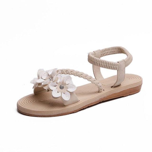 Summer Shoes Woman Sandals Elastic Ankle Strap Flat Sandals Flowers Beach Ankle Strap Sandals Slip On Flat Sandal Elastic Comfort Summer Shoes Comfortable Quick-Drying Casual Sandal