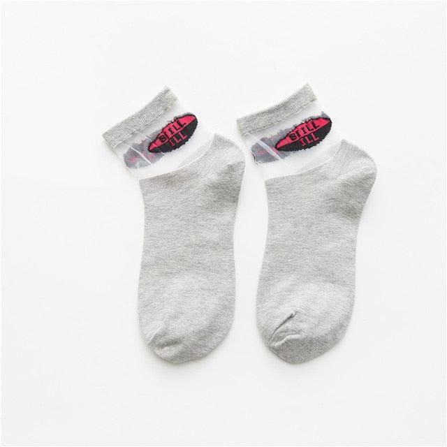 Summer Transparent Letter Patterned Socks Women Hollow Out Cotton Short Socks Thin Casual Ankle Socks Made Of Breathable Cotton Boat Socks For Women