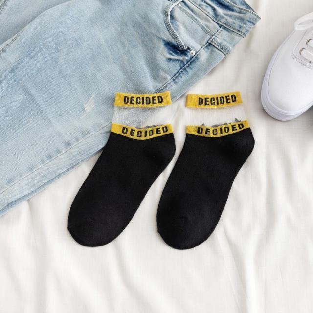 Summer Transparent Letter Patterned Socks Women Hollow Out Cotton Short Socks Thin Casual Ankle Socks Made Of Breathable Cotton Boat Socks For Women