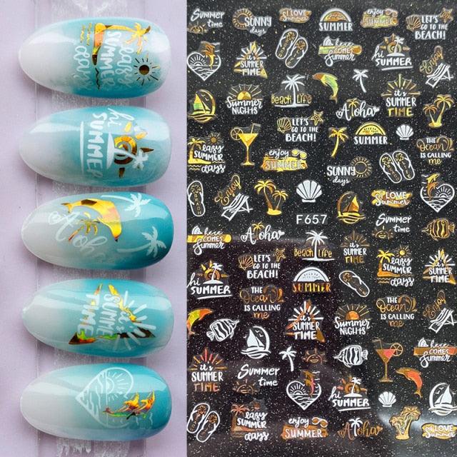 Summer Tropical Beach Coconut Tree Slippers 3D Nail Sticker Leaves Shell Transfer Decals Slider Decoration Manicures  Tip Water Transfer Nail Decals Sticker For Pretty Girl Self-Adhesive Nail Decals Designer Nail Stickers for Acrylic