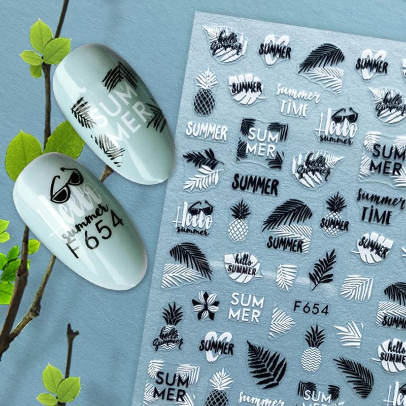 Summer Tropical Beach Coconut Tree Slippers 3D Nail Sticker Leaves Shell Transfer Decals Slider Decoration Manicures  Tip Water Transfer Nail Decals Sticker For Pretty Girl Self-Adhesive Nail Decals Designer Nail Stickers for Acrylic