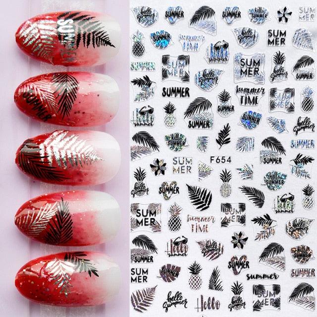 Summer Tropical Beach Coconut Tree Slippers 3D Nail Sticker Leaves Shell Transfer Decals Slider Decoration Manicures  Tip Water Transfer Nail Decals Sticker For Pretty Girl Self-Adhesive Nail Decals Designer Nail Stickers for Acrylic