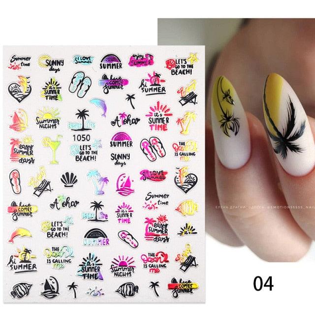 Summer Tropical Beach Coconut Tree Slippers 3D Nail Sticker Leaves Shell Transfer Decals Slider Decoration Manicures  Tip Water Transfer Nail Decals Sticker For Pretty Girl Self-Adhesive Nail Decals Designer Nail Stickers for Acrylic