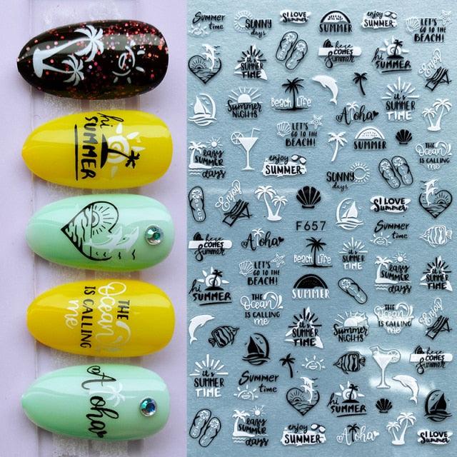 Summer Tropical Beach Coconut Tree Slippers 3D Nail Sticker Leaves Shell Transfer Decals Slider Decoration Manicures  Tip Water Transfer Nail Decals Sticker For Pretty Girl Self-Adhesive Nail Decals Designer Nail Stickers for Acrylic