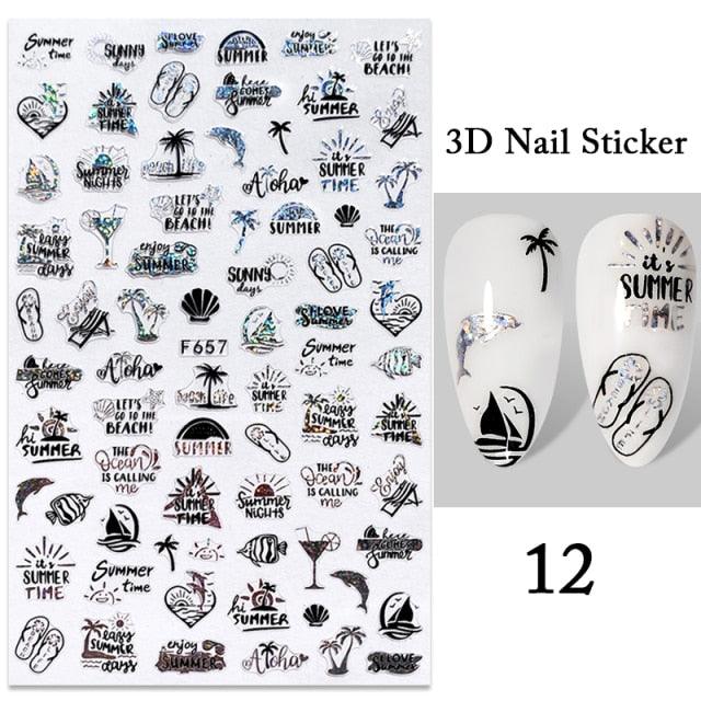 Summer Tropical Beach Coconut Tree Slippers 3D Nail Sticker Leaves Shell Transfer Decals Slider Decoration Manicures  Tip Water Transfer Nail Decals Sticker For Pretty Girl Self-Adhesive Nail Decals Designer Nail Stickers for Acrylic