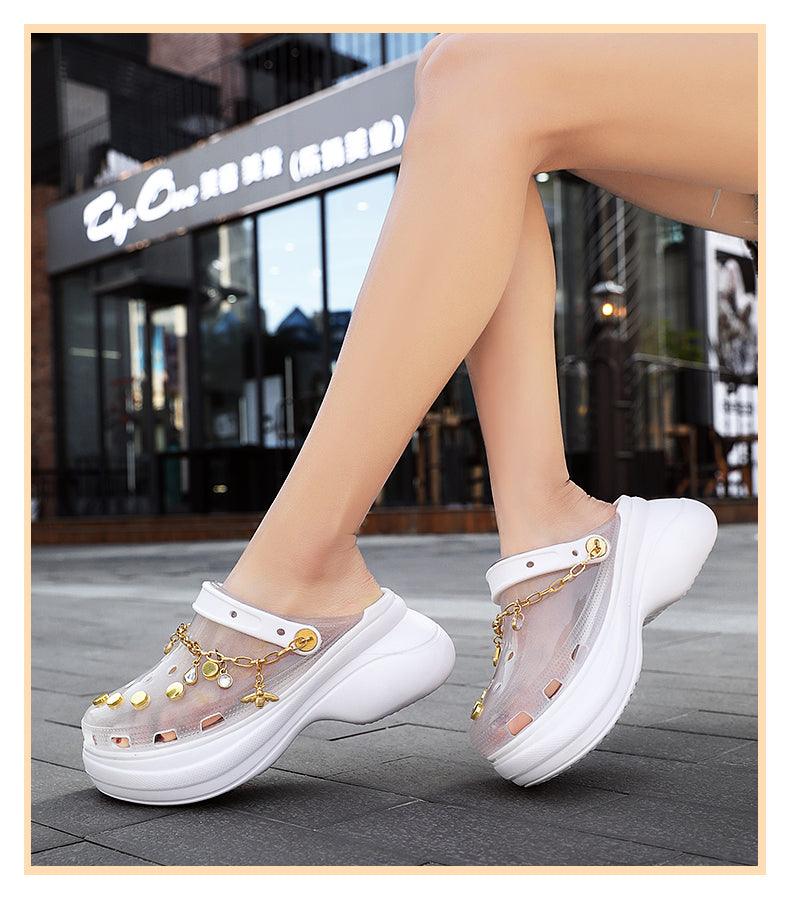 Summer Women Breathable Sandals Beach Shoes Women Slippers Slides Fashion Sandal Clogs Lightweight Walking Shoes With Chain Comfortable Shoes Around The House