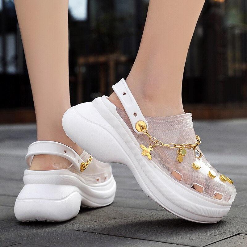 Summer Women Breathable Sandals Beach Shoes Women Slippers Slides Fashion Sandal Clogs Lightweight Walking Shoes With Chain Comfortable Shoes Around The House