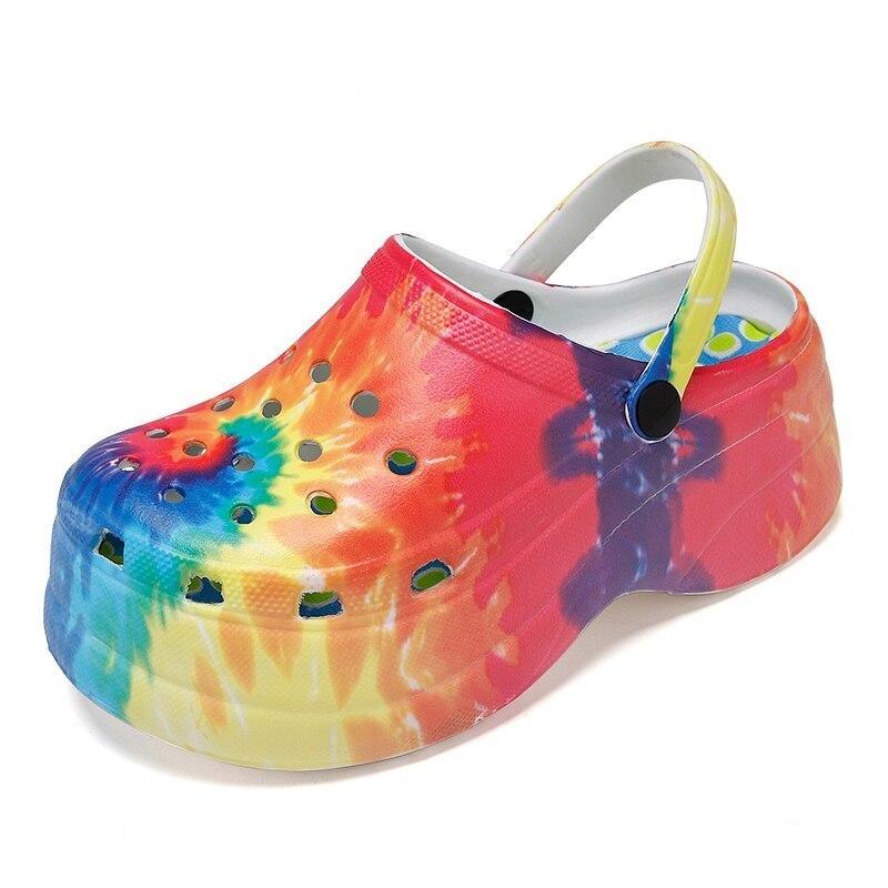 Summer Women Clogs Quick Dry Rainbow Tie Thick Wedges Garden Shoes Beach Sandals Flip Flops For Women Slipper Lightweight Home Slip On Walking Casual Art Painted Travel Holiday Shoes