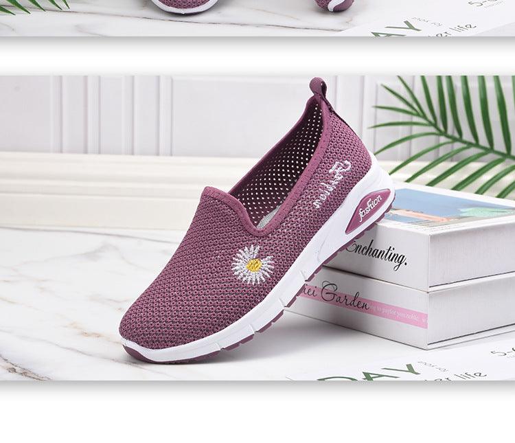 Summer Women Flat Shoes New Espadrilles Flying Knitting Shoes Fashion Flowers Sneakers Lazy Shoes Women Mesh Running Casual Slip On Flats Comfortable Walking Casual Shoes