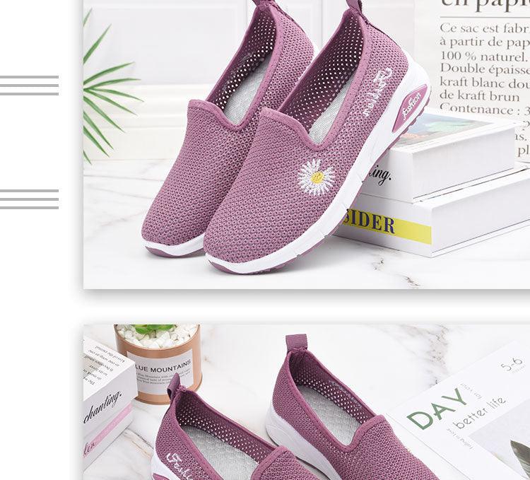 Summer Women Flat Shoes New Espadrilles Flying Knitting Shoes Fashion Flowers Sneakers Lazy Shoes Women Mesh Running Casual Slip On Flats Comfortable Walking Casual Shoes