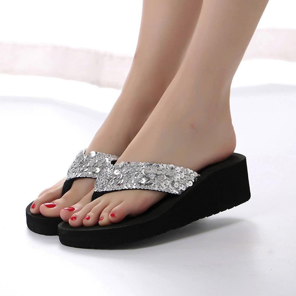 Summer Women Flip Flops Casual Sequins Anti-Slip Slippers Beach Flip Flat Sandals Beach Open Toe Shoes Womens Glitter Bling Fancy Slide Flat Low Sparkle Sandals Elegant Shoes