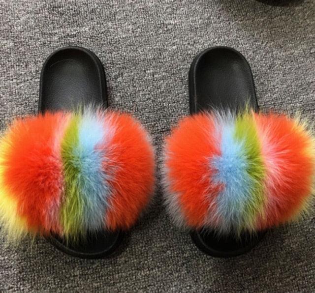 Summer Women Fox Fur Slippers Indoor Slides Fashion Flip Flops Casual Sandals Furry Fluffy Plush Slides Lightweight House Slippers Fluffy Sandals Outdoor Indoor Women Shoes