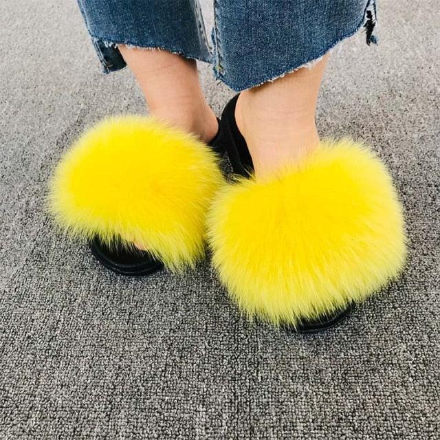 Summer Women Fox Fur Slippers Indoor Slides Fashion Flip Flops Casual Sandals Furry Fluffy Plush Slides Lightweight House Slippers Fluffy Sandals Outdoor Indoor Women Shoes